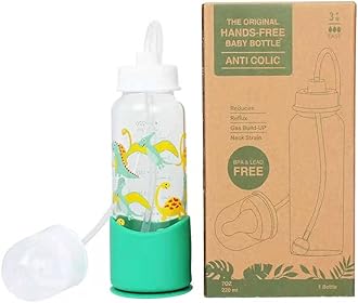 Hands-Free Baby Bottle - Anti-Colic Nursing System 7 oz Glass Baby Bottle with Fast Flow Nipple/Teat 3m+ with Tube Straw Feeding System for Toddler (1 Bottle - Dinosaur)
