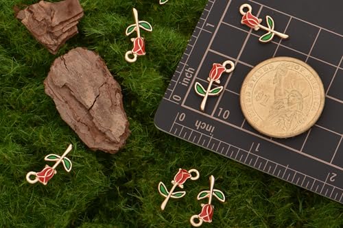 Image of VIDRIO Pack of 80 Long Stem Rose Flower Enamel Charms Gold Plated Colored Pendants Accessories for Necklace Bracelet Jewelry Making DIY Crafting