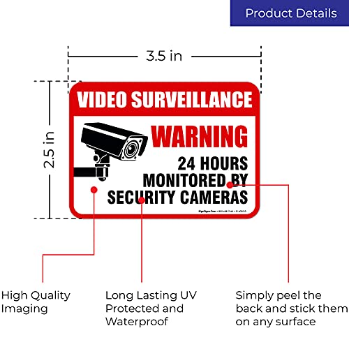 (6 Pack) 24 Hour Video Surveillance Sign, 2½X3½" 4 Mil Sleek Vinyl Decal Stickers Weather Resistant Long Lasting Uv Protected And Waterproof Made In Usa By Sigo Signs #TOP1