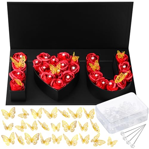 Ireer 75‬ Pcs I Love You Gift Box Valentines Day Flowers Boxes with 24 Golden Butterfly Decor and 50 Bouquet Flower Pins Valentines Day Heart Shape Box for Him Her Arrangement Decoration(Black) by Ireer - Used condition - US$23.20