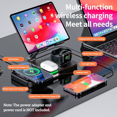 Image of Wireless Charger for Apple Multiple Devices, Charging Station with Clock &7 Color Ambient Light, Foldable Rotate Stand for iPad, for iPhone16 /15 /14, for Apple Watch10 /9 AirPods4 (Adapter Not Included)