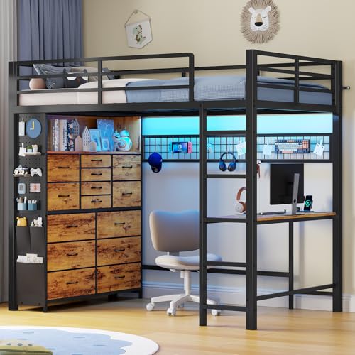 ADORNEVE Twin Loft Bed with Desk,14 Storage Drawers & Power Outlet, Kids Loft Bed Twin Size with LED Lights, Metal Loft Beds with Safety Guardrail & Ladder, Space Saving for Teens, Rustic Brown