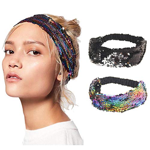 Unsutuo Boho Yoga Headbands No Slip Elastic Hair Bands Stretch Sequins Head Wraps For Women(Pack of 2)