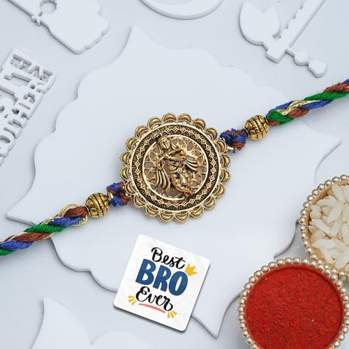 Image of eCraftIndia Krishna Playing Flute Rakhi for Brother Bhaiya Bhai with Best Bro Ever Fridge Magnet | Roli Chawal Pack