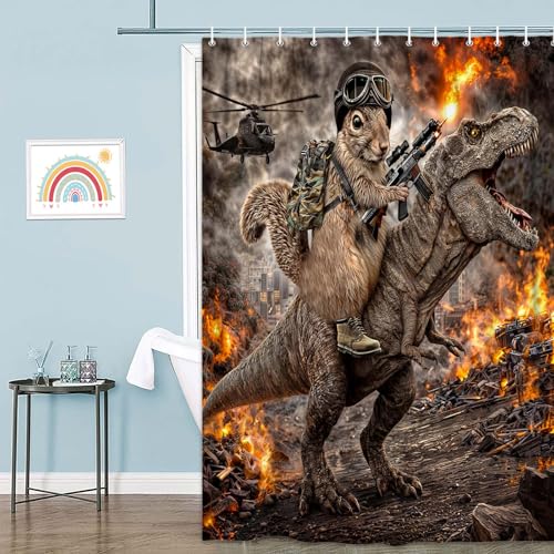 Image of Funny Squirrel Warrior Riding Dinosaur Shower Curtain, Waterproof Fabric Bath Curtain Set with Hooks, Funny Animal Shower Curtain for Kids Men Bathroom, 72X78 Inches