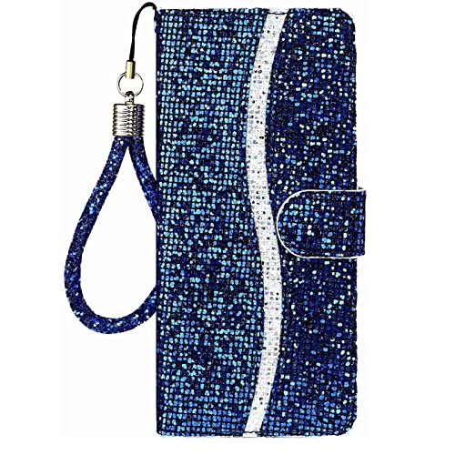 Guppy Bling Wallet Case Compatible with iPhone 14 Plus, PU Flip Blocking Wallet with Wrist Strap Magnetic Closure Built-in Kickstand Protective Case - Blue