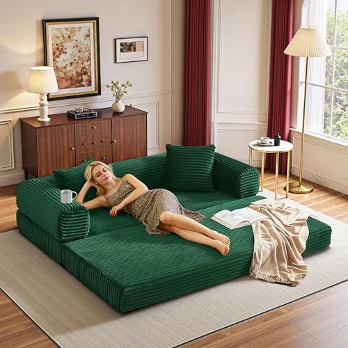 Image of Boneless Couch Futon Sofa Bed Sectional Couches for Living Room,Cloud Couch with Sleeper Sofa,Sofas for Living Room Oversized Corduroy Upholstered (Green, 76 Inches (No Iron Frame))