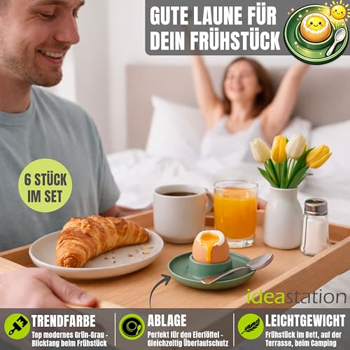 idea-station NEO Eierbecher Set aus Plastik 6 Stück - grün-grau matt - bruchsichere Camping Eierhalter aus Kunststoff - mit praktischer Ablage und Überlaufschutz