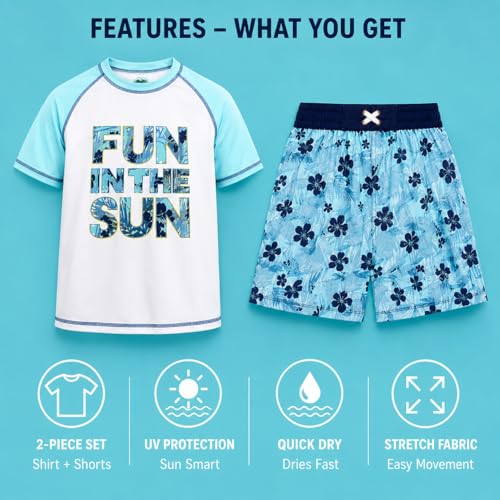Image of Quad Seven Boys 2-Piece Rash Guard Swimsuit Set Short-Sleeve (Sizes 5-12) | Lightweight Quick-Dry Fabric with Sun Protection, Matching Top & Trunks, Adjustable Drawstring Waist for Pool or Beach Days