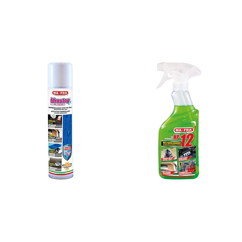 Ma-Fra, Idrostop, Spray Impermeabilizzante per Tessuti, con Effetto Oleo-Idrorepellente, Impedisce il Deposito dei Liquidi su Sedili e Capote, Formato da 300ml & HP12, Sgrassatore Universale Multiuso