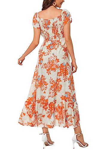 Image of Summer Smocked Boho Maxi Dress for Women 2026 Short Sleeve Floral Smocked Flowy Ruffled Beach Vacation Dresses Lightweight