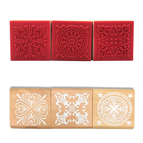Diyomr Set Of 6 Solid Wood Stamps Square Vintage Rubber Stamp Floral Pattern Decorative Wooden Stamps Scrapbooking Gift Card Making Wall Art Graffiti Stamp #TOP4