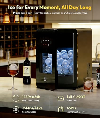 Image of 2 inch Ice Ball Maker - 4 Ice Spheres in 35min, 144pcs /24H, Sphere Ice Maker with LED Quiet Panel, Auto /Manual Water Fill, LED Panel, Self-Cleaning Clear Ice Maker for Cocktail Whiskey Bourborn