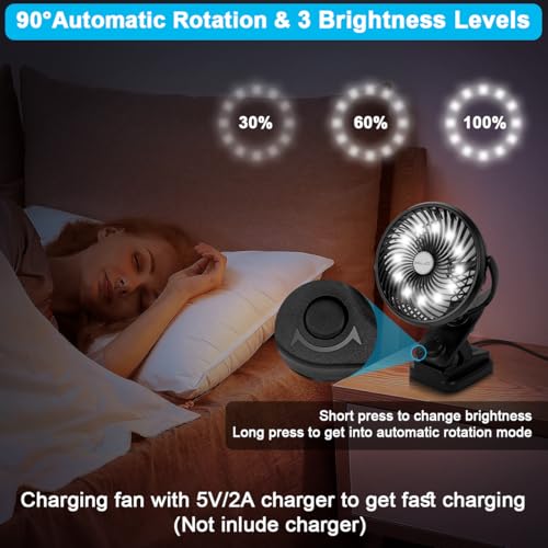 ELZO Ventilateur de Table, 20000mAh USB Silencieux Portable Mini Clip Ventilateur de Bureau, Lumière LED Rotation 360° Rechargeable Vitesse Progressive Ventilateurs pour Bureau Voiture Camping Voyage – Image 4
