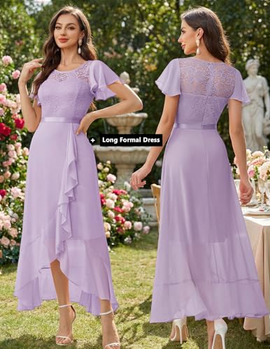 Image of BeryLove Formal Long Dresses for Women Wedding Guest Cocktail Bridesmaid | Airy Lace & Chiffon Evening Gown, Flutter Sleeve, Ideal for Mother of the Bride, Prom, Homecoming Party & Semi-Foraml Events