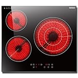 Karinear Placa vitroceramica 60 cm con tres fuegos, Marco metálico delante y detrás, Extensión de zona, Temporizador, Cierre para niños, Control táctilr, 220 V ~ 240 V, 5700 W, Sin enchufe.