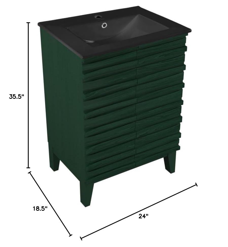 Image of Swiss Madison Cascade 24 inch Freestanding Bathroom Vanity in Green Oak with Black Sink Top