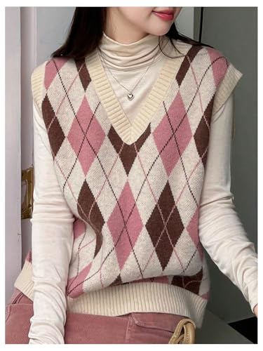 OYOANGLE Women's Geo Print Sweater Vest Y2K Preppy Style V Neck Sleeveless Knitted Tank Top2