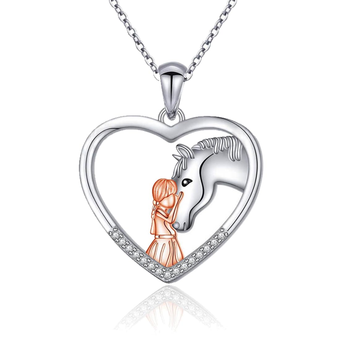 TSUWNO Collar de Plata para Niña y Caballo con Corazón Colgante - Joyería de Regalo para Mujer, Niñas, Novia, Esposa, Mamá, Hija - Ideal para Amantes de Caballos.