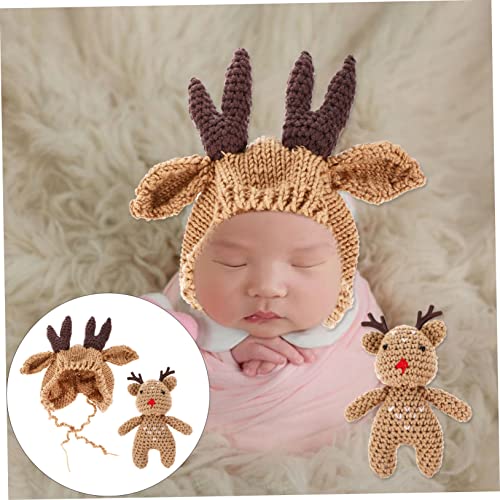 1 Set Adorable Antler Newborn Hat Wool Knit Beanie for Boys for Photography Props Warm Winter Accessory for Months Brown3