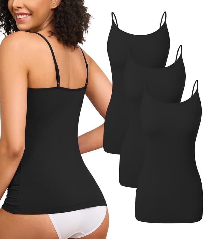 CF Womens Camisole Tank Tops Bamboo Rayon Adjustable Spaghetti Strap Undershirts Soft Seamless Long Tank Tops 3-Pack