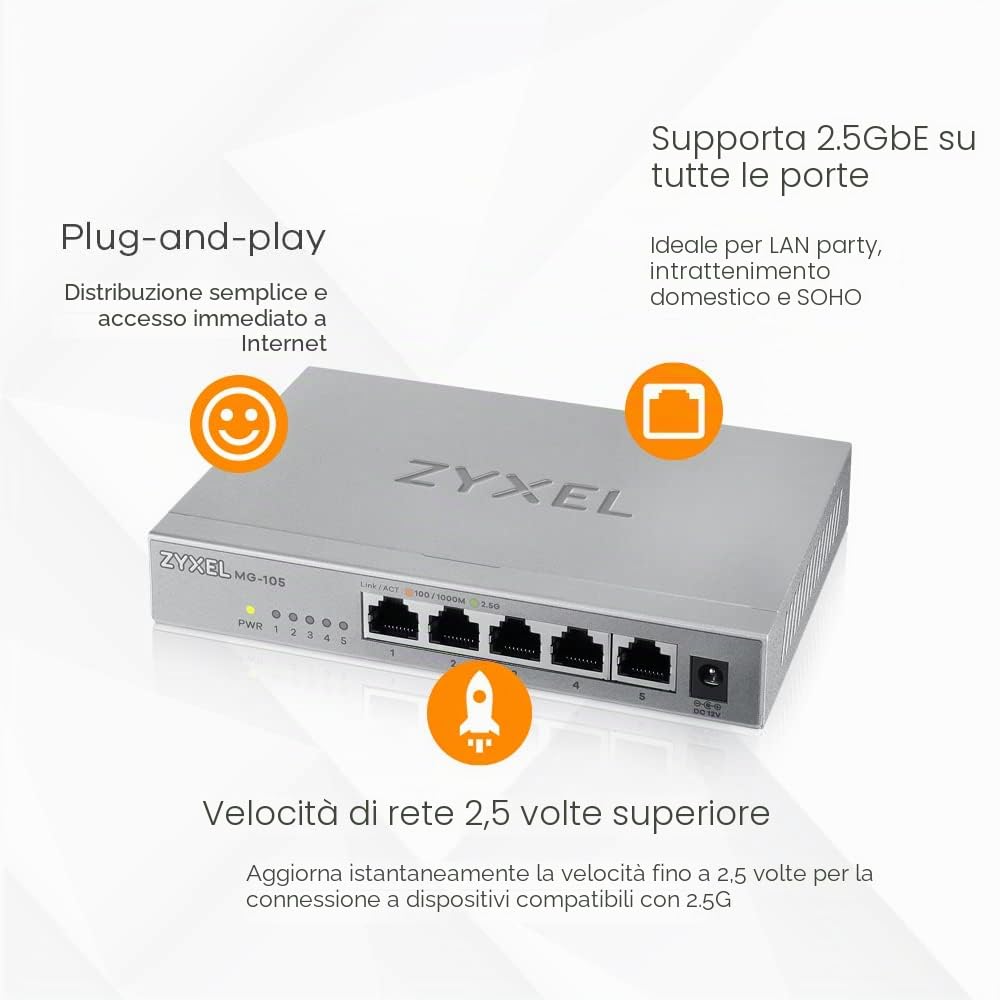 Zyxel Switch Unmanaged Multi-Gigabit 2,5G a 5 porte per Home entertainement / rete SOHO [MG-105]