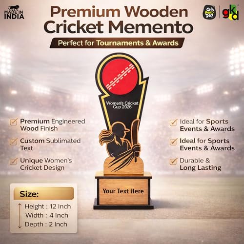 Image of GKD Wooden Cricket Trophy for Winners - Women's Cricket Cup Memento for Tournaments, Corporate Events & School Competitions | Self-Customizable with Stickers ((Women 12 Inch)