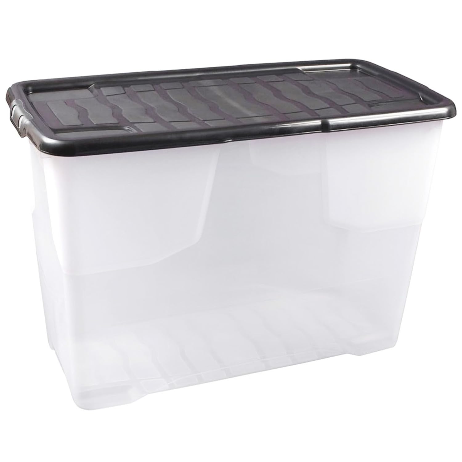 STAR SUPPLIES Strong Stackable Clear Transparent Base Storage Containers With Black Lids For Home & Office (3, 100 Litre)