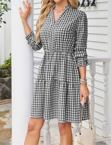 Image of Theenkoln Womens Casual Midi Dress: Short Sleeve V-Neck Empire Waist Gingham Spring Fashion Long Trendy Tiered Formal Dresses