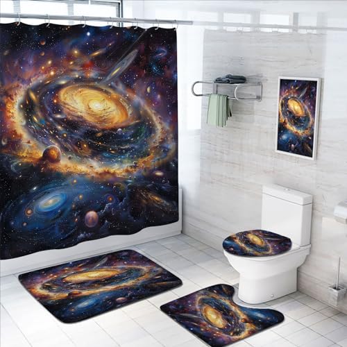 4 Pcs Galaxy Shower Curtain Set with Rugs,Toilet Lid Cover,
