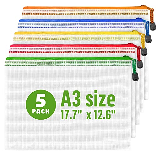 5 Pack Mesh Zipper Pouch Bags A3 - Plastic Zipper Pouches for Organizing 17.7x12.6 inch - Game Storage Bags - Puzzle Organizer Bags - Large Zip Pouch Bags - Mesh Pouch with zip - Puzzle Bags