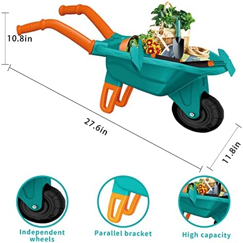 Qtioucp Kids Gardening Tools Outdoor Toys Set Backyard Play with Wheelbarrow Educational STEM Learning Pretend Toys Outdoor Indoor for Toddlers Kids Boys Girls (Green1) - 1