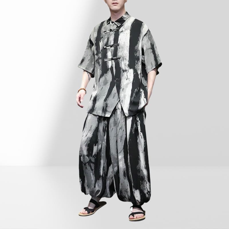 Chemise homme soie glacée rayée ensemble fluide anti-chaleur jambes larges - 5