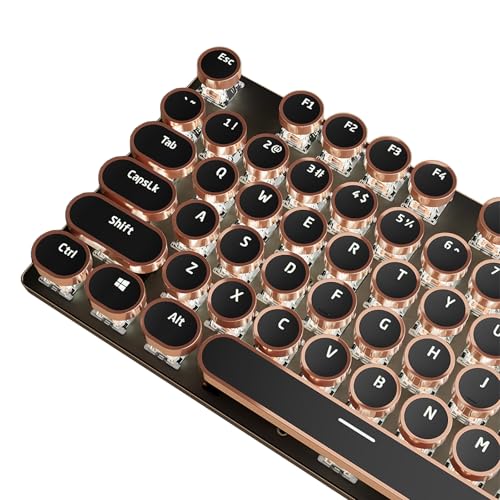 TISHLED Typewriter Style Mechanical Gaming Keyboard White LED Backlit 104-Key NKRO White Switches Retro Round Keycaps Golden Ring Volume Knob Metal Panel Wired USB-C Detachable Cable, Black