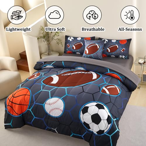 Image of 6 Pcs Sports Bedding Set for Boys Twin Comforter Set, Soccer Basketball Baseball Football Boys Bedding Sets with Sheets