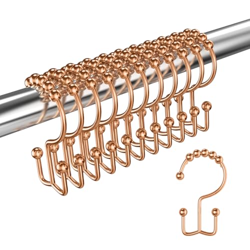 LBYOJKD Gold Shower Curtain Hooks Rust Proof Double Sided Shower Curtain Rings for Bathroom Shower Rods Curtains, Set of 12 Hooks - Rose Gold