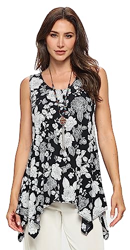 Jostar Women's Print Tank Top - Sleeveless Shark Bite Hem Scoop Neck Tunic Casual T Shirts