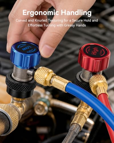 Image of OMT R134a Quick Coupler Adapters High Low Pressure Connectors Set | Aluminum & Nickel-Plated Bronze Build; Snap Lock Grip; Leak-Free 6-Ball Design; Auto AC Repair for Technicians
