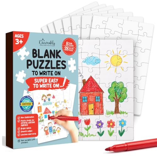 Decorably 8 Puzzles en Blanco para Colorear para Niños, 5.5x8in, 28 Piezas Cada Uno | Piezas de Rompecabezas Blancas Mate para Colorear y Decorar - Artes y Manualidades DIY, Actividades en Clase y Fiestas