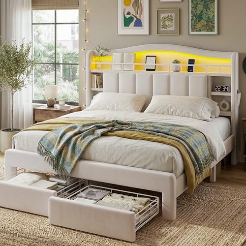 Image of Full Size LED Bed Frame with Storage Headboard, Upholstered Velvet Wood Princess Bed for Girls with 5 Charging Ports (USB-C & AC), Hidden Compartment, Sturdy Aluminum Frame & 2 Silent Drawers Beige