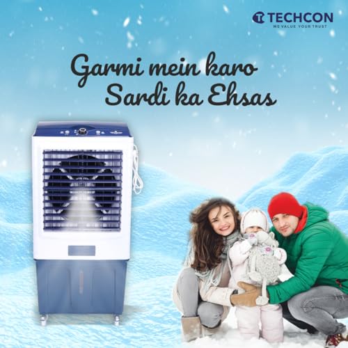 Image of TTS 95 Air Cooler for Home & Office | 90L Large Water Tank | 16-Inch Plastic Fan Blade | 3-Side Honeycomb Cooling | Auto Swing | Ice Chamber | High-Performance Aluminium Motor | Blue & White