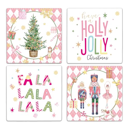 Whaline Christmas Nutcracker Coasters Drink Coasters Pink Cartoon Nutcracker Tree