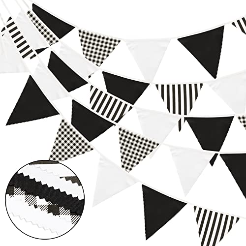 G2PLUS 12M Banderines Tela,Guirnalda de Banderines con 42 Rayas Negro y Blanco Triángulos de Tela Fiesta Decorativas para Dormitorio de Fiesta de Cumpleaños o Bodas