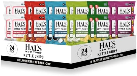 Hal's New York Kettle Cooked Potato Chips, Variety Pack, 6 Flavors, 2 Oz (Pack of 24)