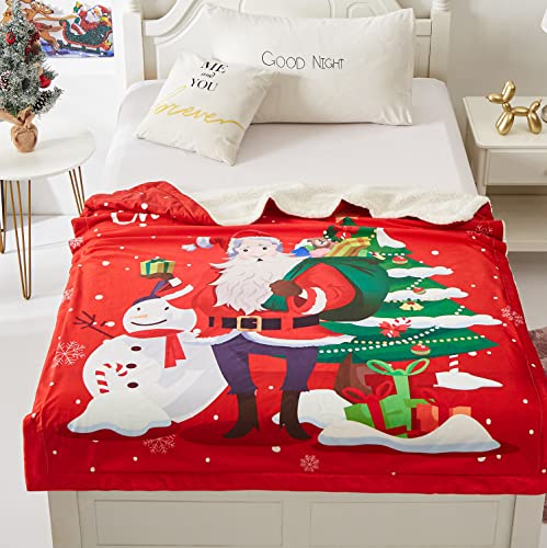 Merry Christmas Sherpa Throw Santa Calus Blanket, Snowman Pattern Reversible Xmas Throw Super Soft Cozy Plush New Year Holiday Blanket For Couch Sofa Bed, 50 ×60 Inches #TOP2