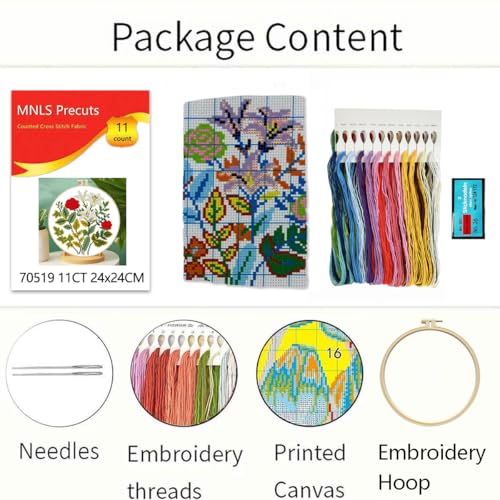 Image of Zhenqing Rose and Lily Cross Stitch Kit for Beginners - 11CT 24x24cm Pre-Printed Pattern with Embroidery Hoop, Threads & Tools, Floral Design(70519)