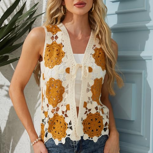 Women's Boho Crochet Vest Lightweight Sleeveless Summer Cardigan with Tie Front Hollow Knit Cover Up3