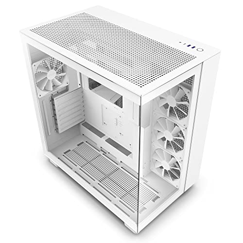 NZXT H9 Flow Dual-Chamber ATX Mid-Tower PC Gaming Case CM-H91FW-01 - High-Airflow Perforated Top Panel Tempered Glass Front & Side Panels 360mm Radiator Support Cable Management White