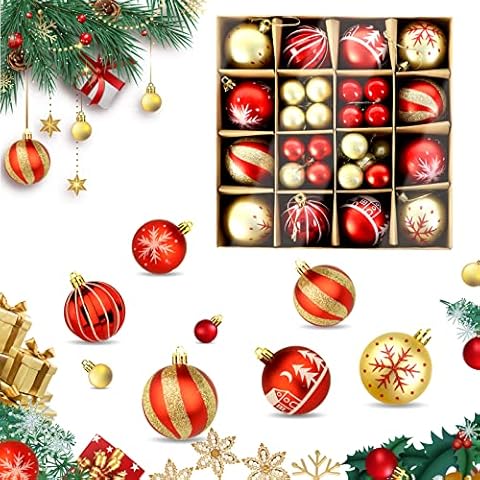 MXTIMWAN Christmas Tree Balls, 44 Pieces Christmas Tree Baubles Set Gold & Red, Christmas Tree Baubles Plastic Christmas Tree Baubles Box with Hanger for Christmas Tree Decoration (3 cm & 6 cm) Cover