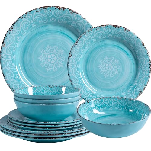 ZAROCRUS 12-Piece Farmhouse Dinnerware Set set of 4 100% Melamine Dishes Serving Set with Plates and Bowls Non-breakable and Lightweight Dinner Set for indoor and outdoor entertaining Light Teal
